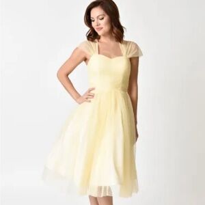 Unique Vintage Buttercup Yellow Swiss Dot Garden State Mesh Cocktail Dress XL